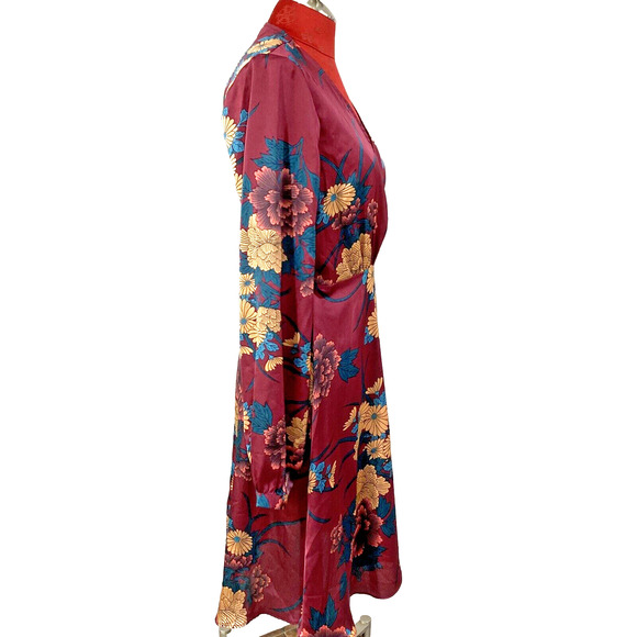 Lulus Size M Long Sleeve Silky True Wrap Dress Burgundy Teal Gold Floral Boho - Picture 7 of 9